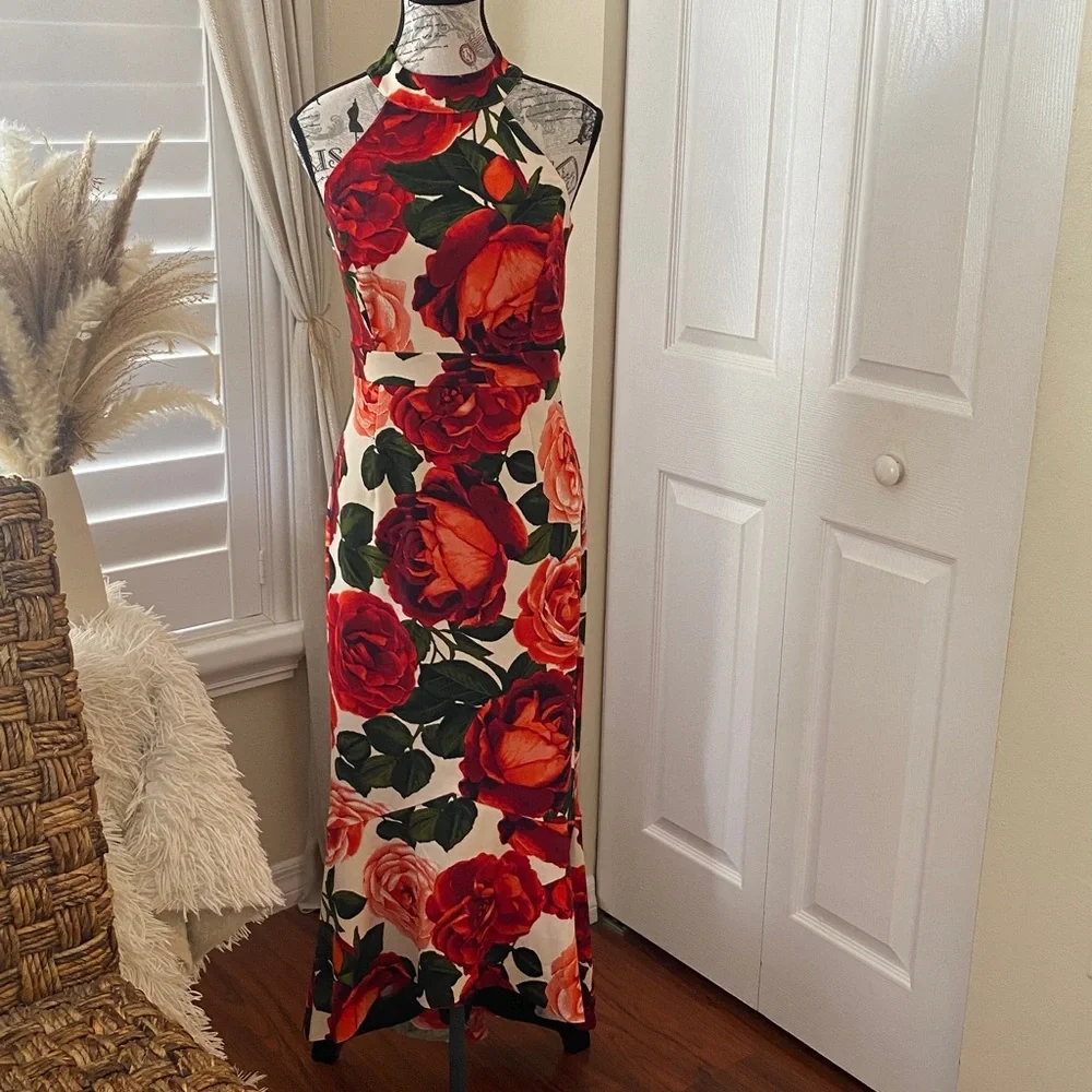 Enfocus Studio Floral Halter Maxi Dress Size 4 Red Roses Mermaid Style - Picture 3 of 10